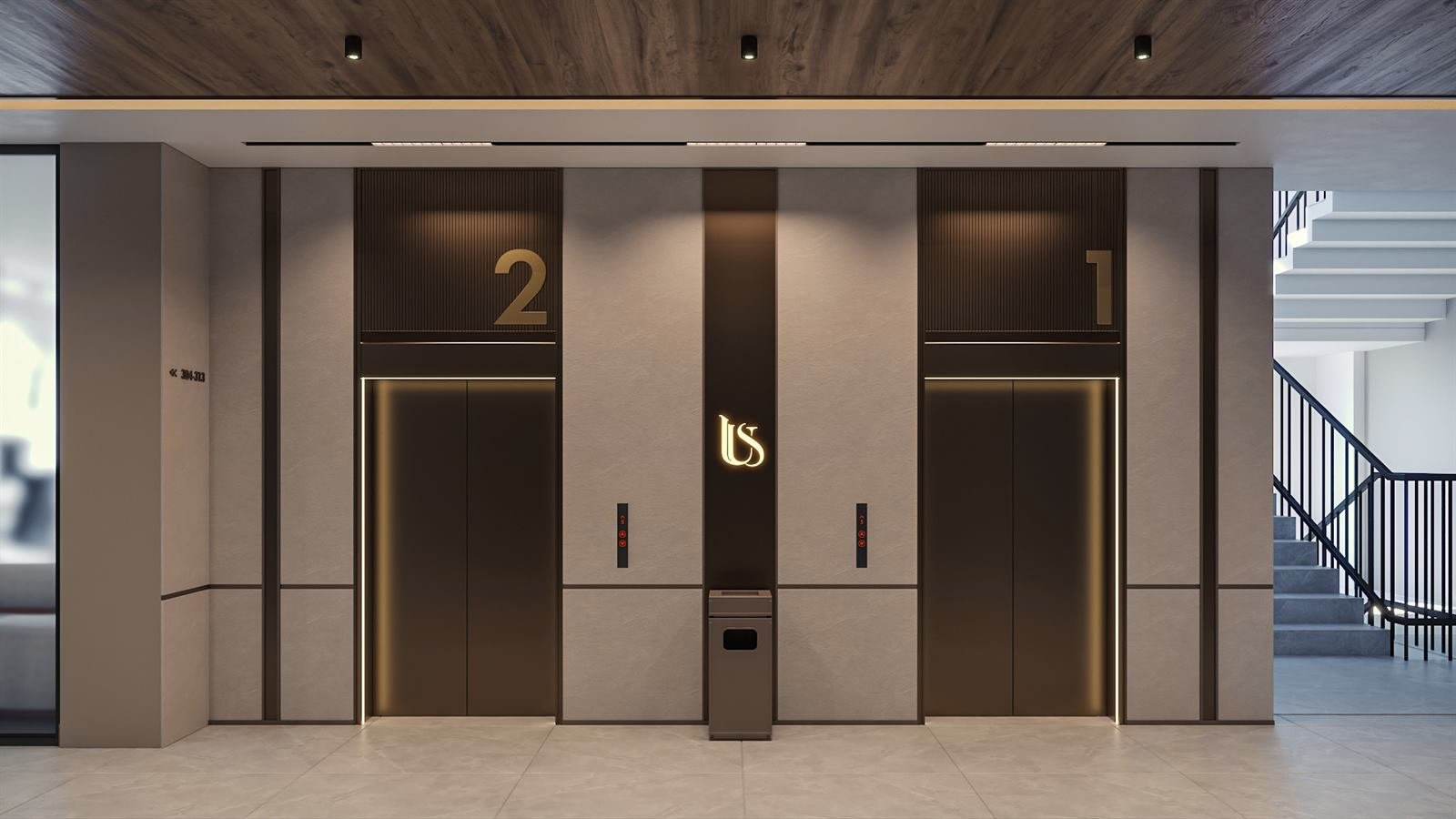 Lift lobby with Italian wall cladding and twin passenger lifts